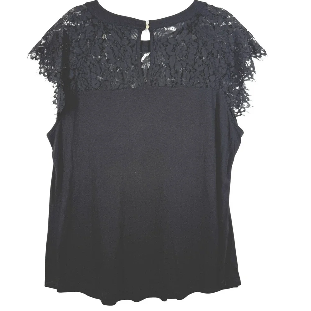 Perch by Blu‎ Pepper Womens Plus 2X Boho Top Black Lace Trim Crochet Yoke Blouse